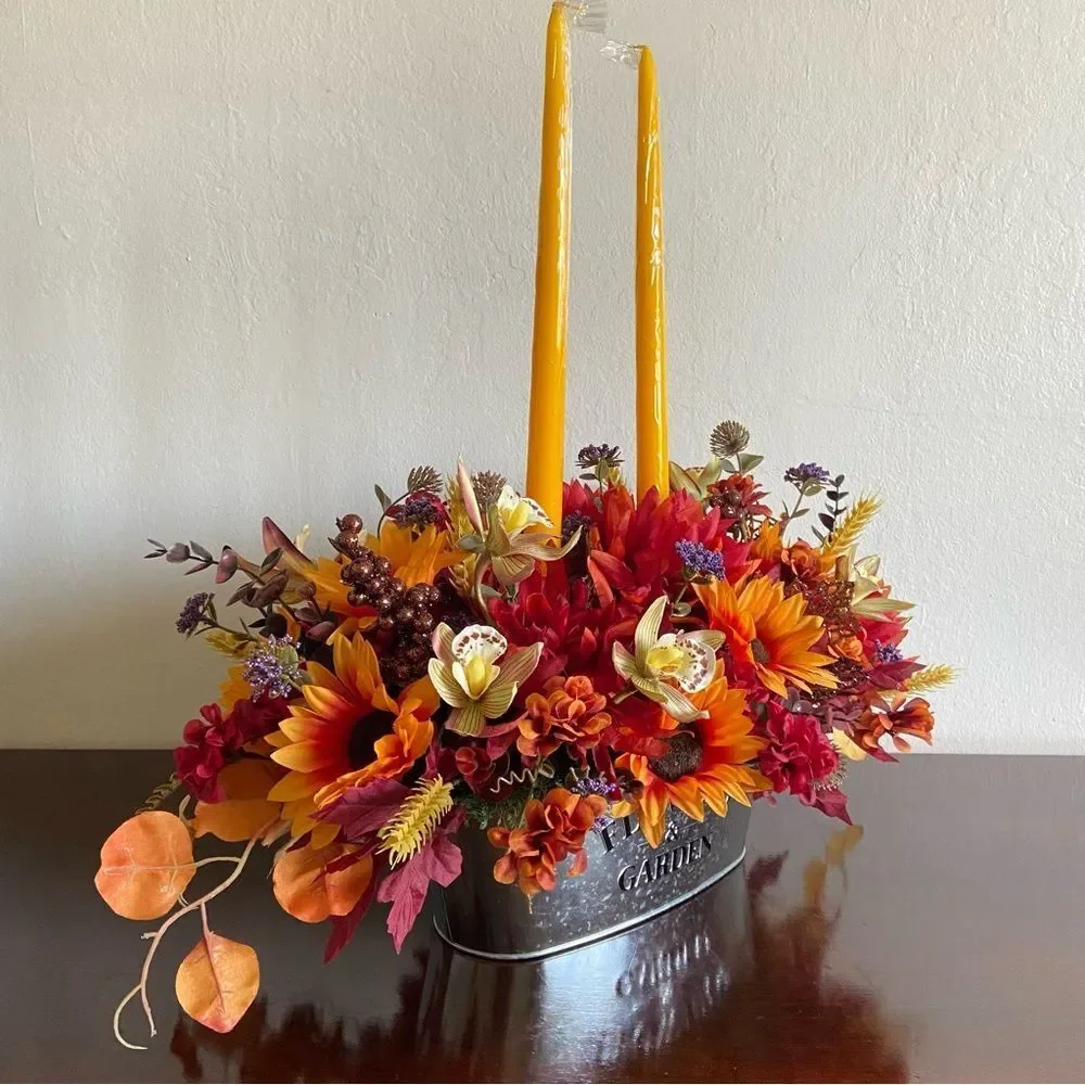 Faux Floral Candle Centerpiece with Sunflowers/Orchids/Mums